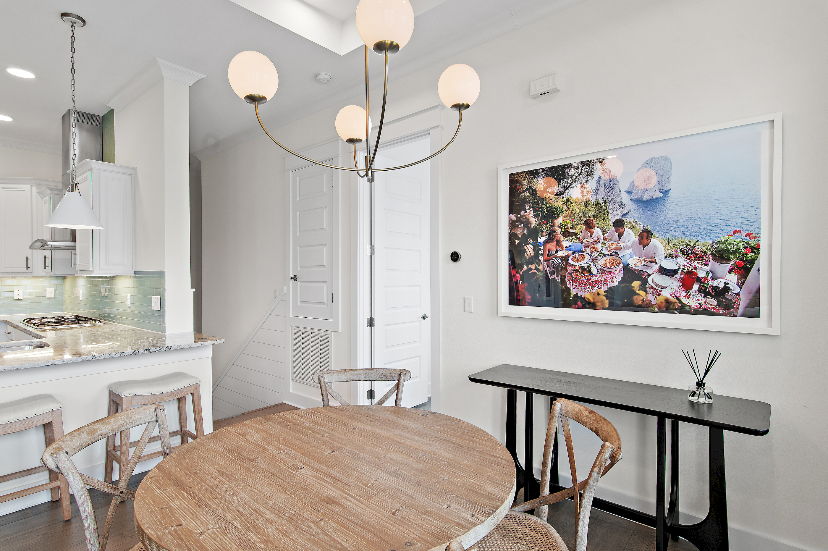 Dining area with chandelier
